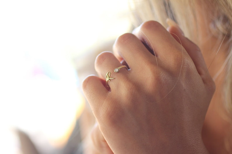 Dainty Silver Initial Birthstone Custom Ring