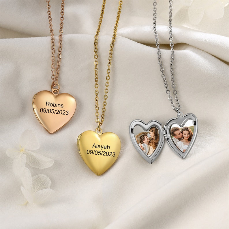 Custom Engraved Stainless Steel Heart Locket Necklace