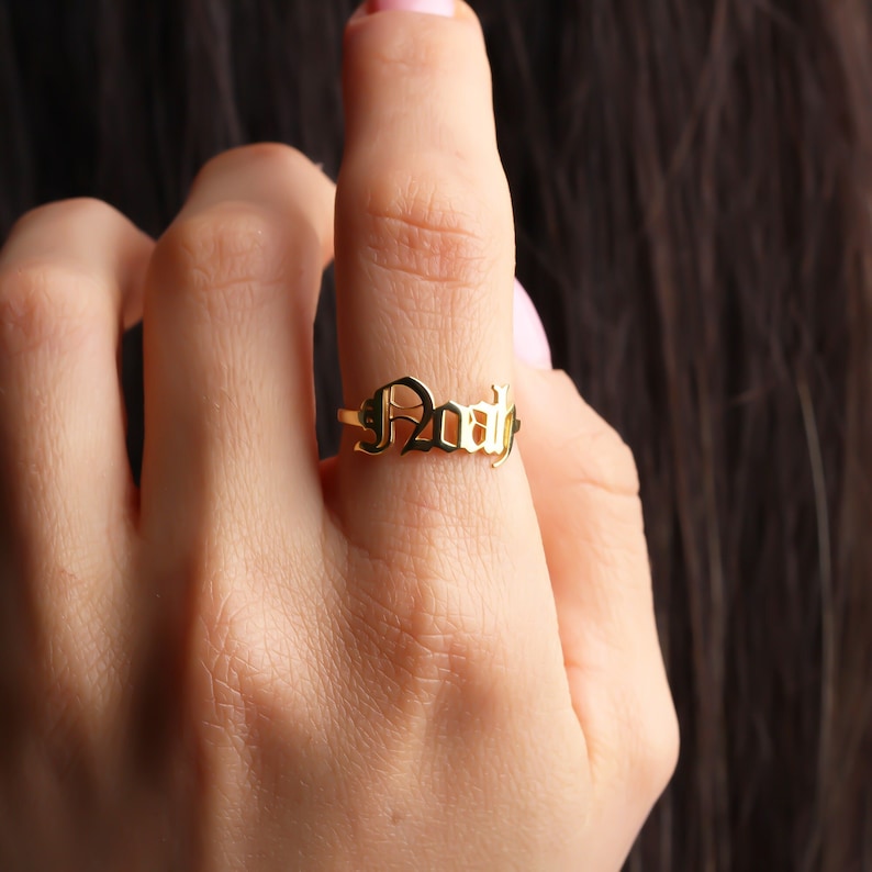 Custom Silver Gothic Name Ring in Dainty Style