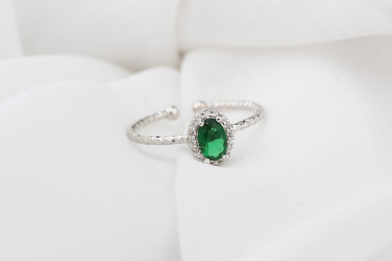 Dainty Silver Oval Birthstone Stackable Ring