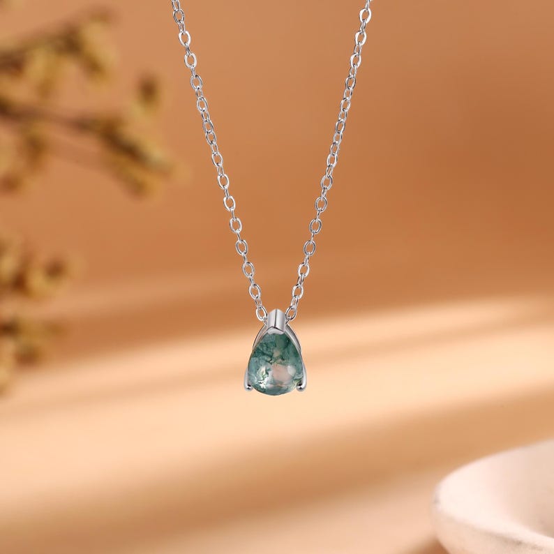 Personalized Moss Agate Teardrop Necklace