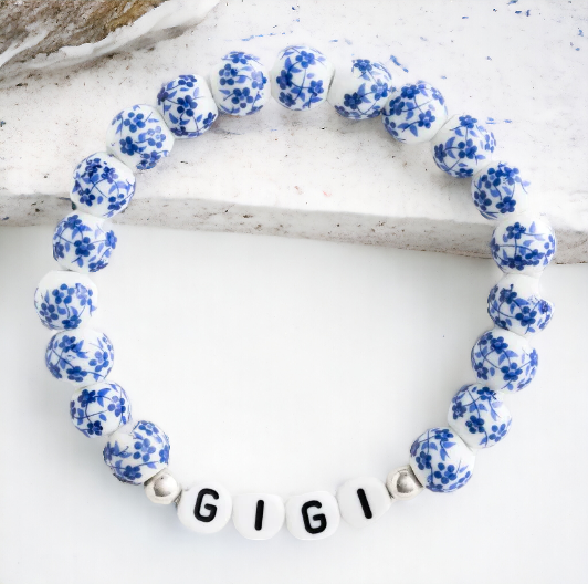 Personalized Blue Floral Beaded Bracelet